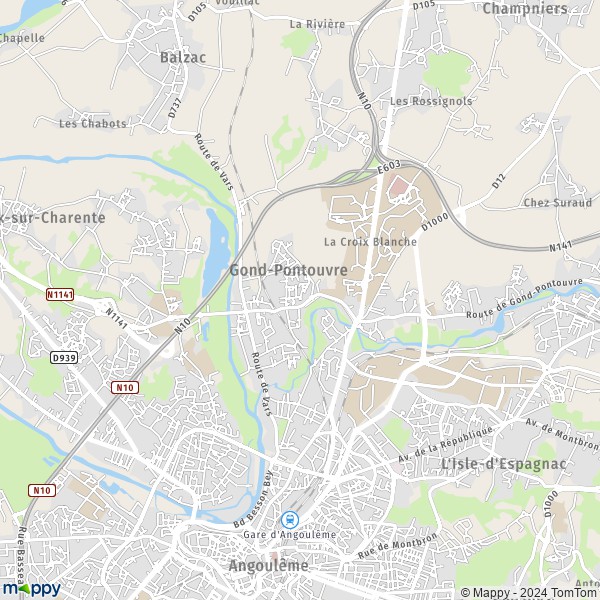 La carte pour la ville de Gond-Pontouvre 16160