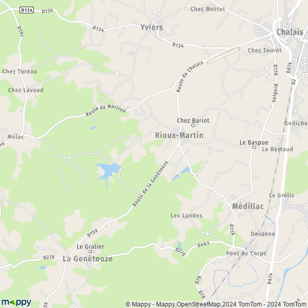 La carte pour la ville de Rioux-Martin 16210