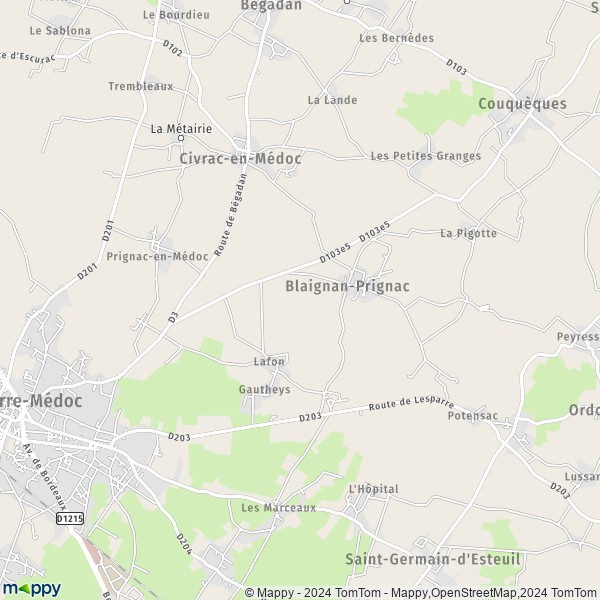 La carte pour la ville de Prignac-en-Médoc, 33340 Blaignan-Prignac