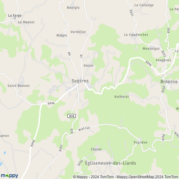 La carte pour la ville de Sugères 63490