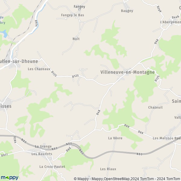 La carte pour la ville de Villeneuve-en-Montagne 71390