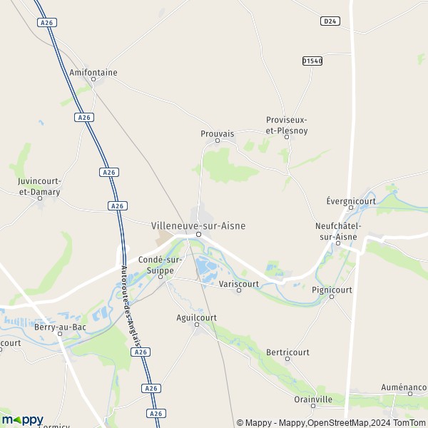 La carte pour la ville de Menneville, 02190 Villeneuve-sur-Aisne