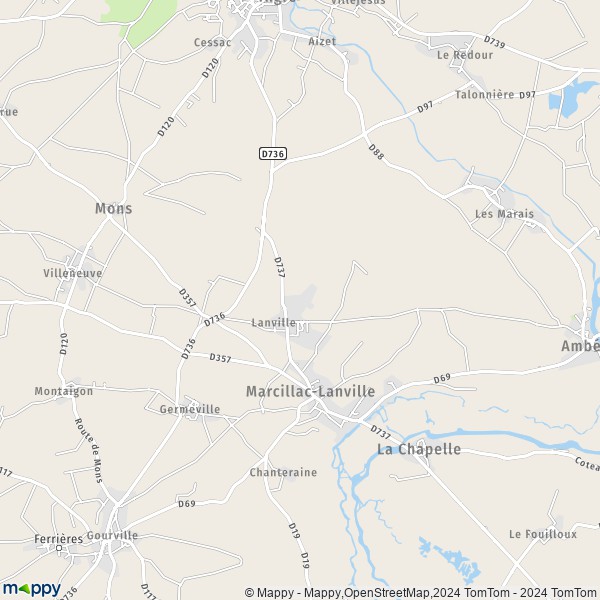 La carte pour la ville de Marcillac-Lanville 16140