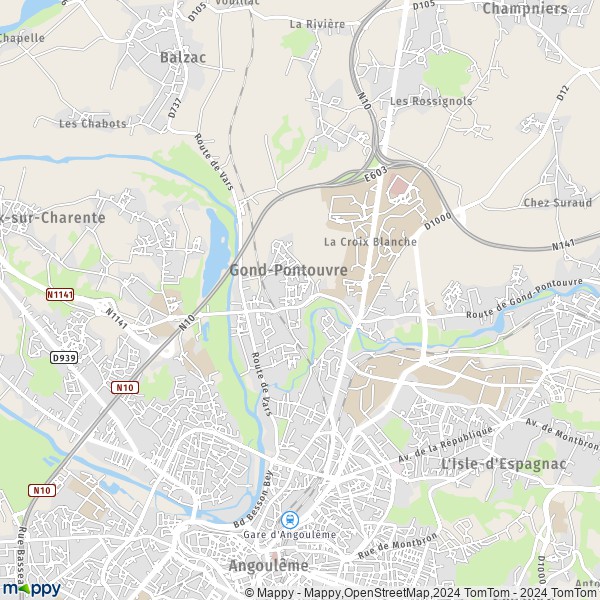 La carte pour la ville de Gond-Pontouvre 16160