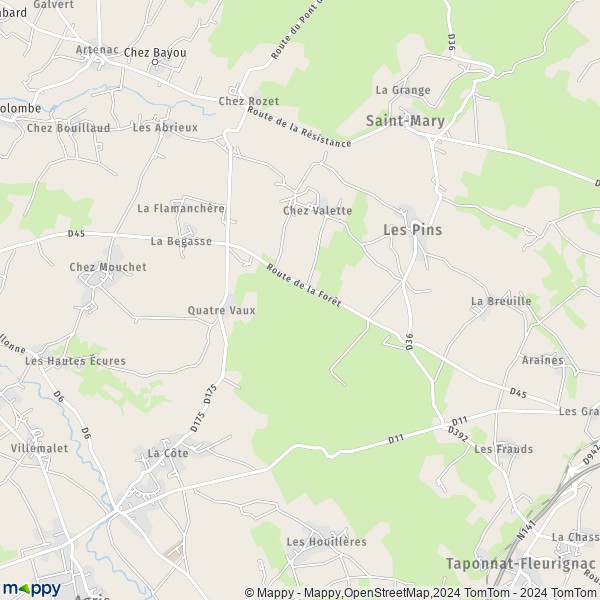 La carte pour la ville de Les Pins 16260