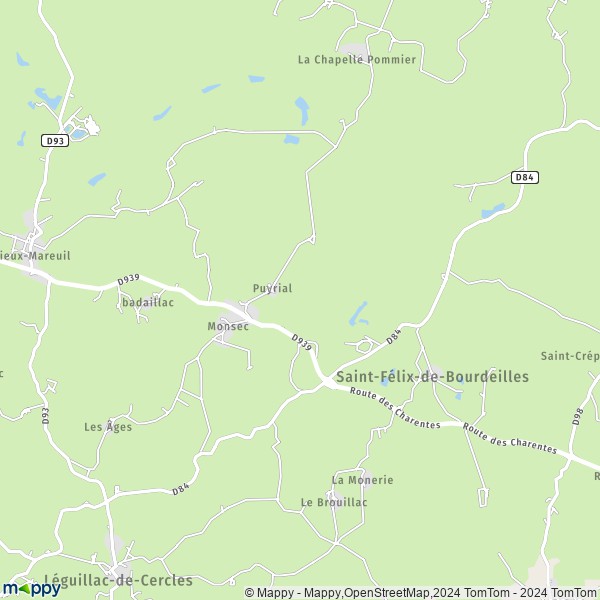 La carte pour la ville de Monsec, 24340 Mareuil-en-Périgord