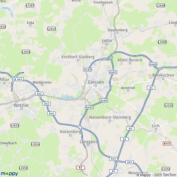 La carte pour la ville de 35390-35452 Giessen