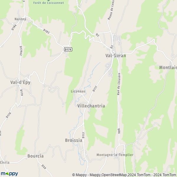 La carte pour la ville de Villechantria, 39320 Val-Suran