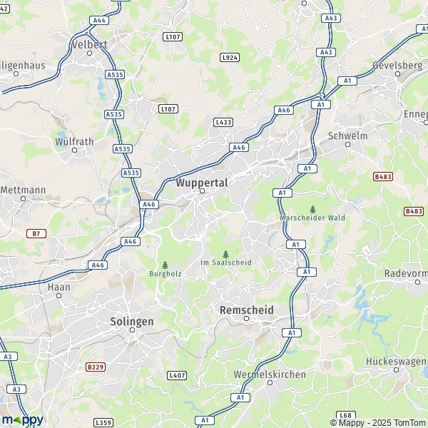 La carte pour la ville de 42103-42899 Wuppertal