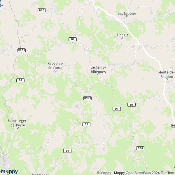 La carte pour la ville de Lachamp-Ribennes 48100-48700