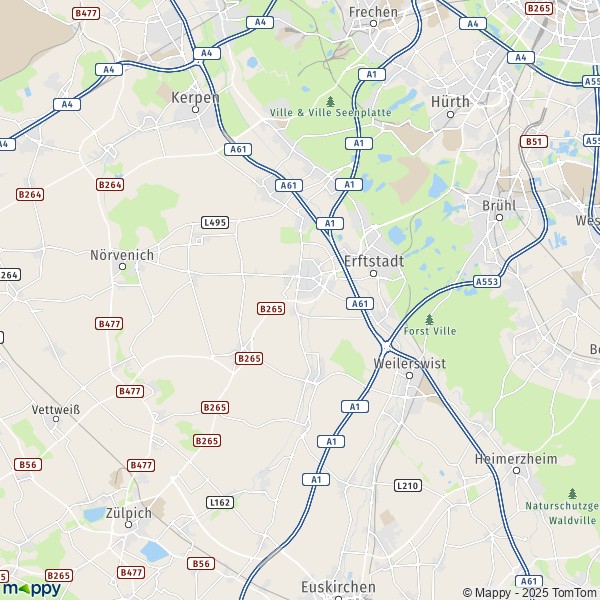 La carte pour la ville de 50169-50374 Erftstadt