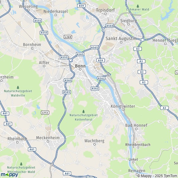 La carte pour la ville de 53111-53757 Bonn