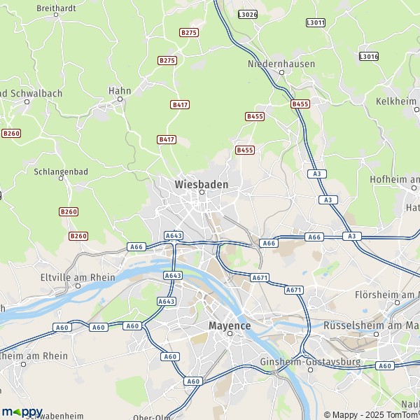 La carte pour la ville de 55246-65527 Wiesbaden