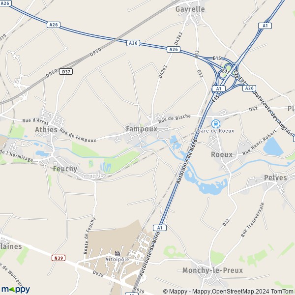 La carte pour la ville de Fampoux 62118