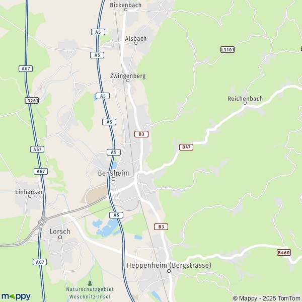 La carte pour la ville de 64625 Bensheim