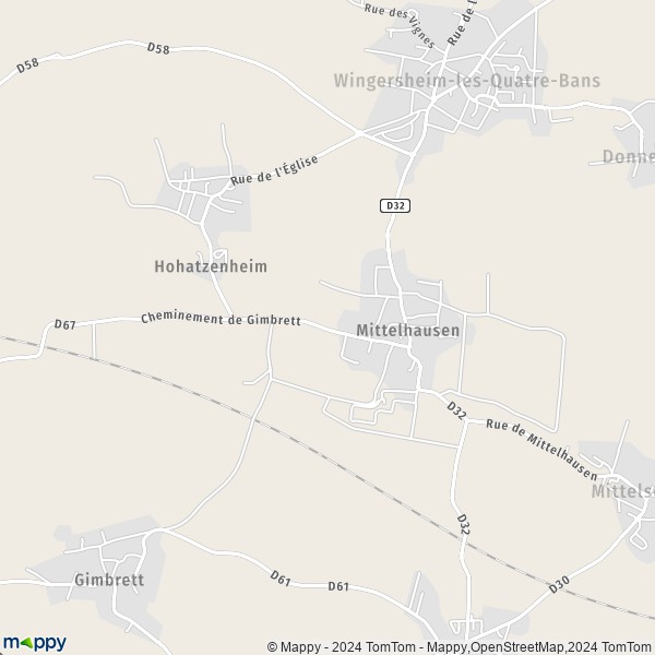 La carte pour la ville de Mittelhausen, 67170 Wingersheim-les-Quatre-Bans