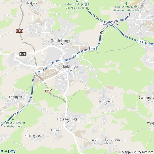 La carte pour la ville de 71032-71139 Böblingen