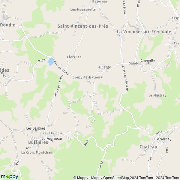 La carte pour la ville de Donzy-le-National, 71250 La Vineuse-sur-Fregande