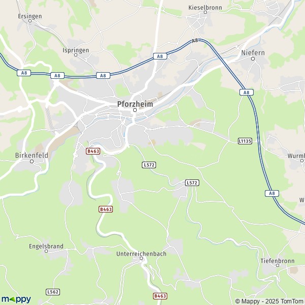 La carte pour la ville de 75172-75217 Pforzheim