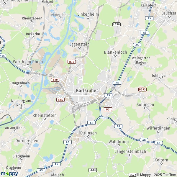 La carte pour la ville de 76131-76229 Karlsruhe