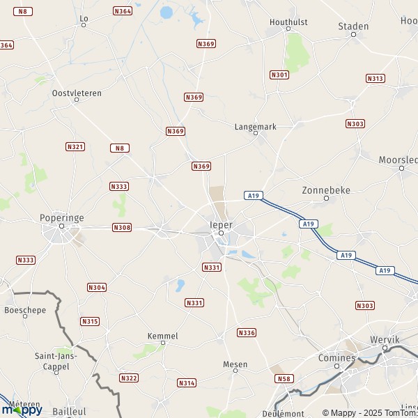 La carte pour la ville de 7781-8980 Ypres