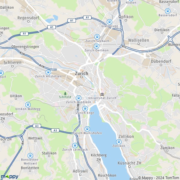 La carte pour la ville de Zurich 8001-8802