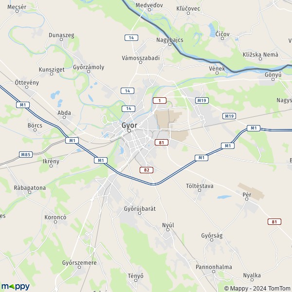 La carte pour la ville de Gyor 9011-9625