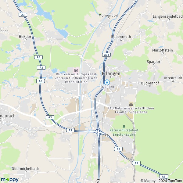 La carte pour la ville de 90562-91074 Erlangen