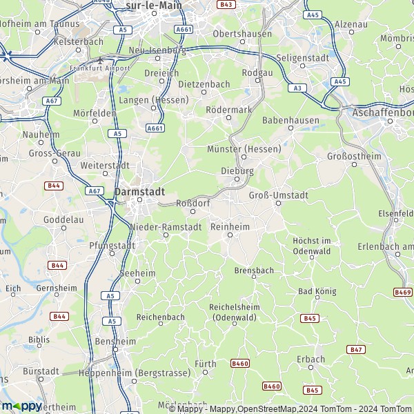 La carte du département Darmstadt-Dieburg