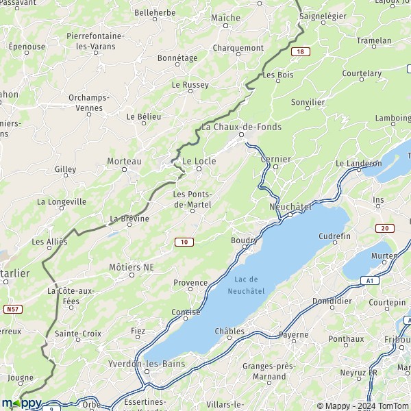 La carte du département Neuchâtel