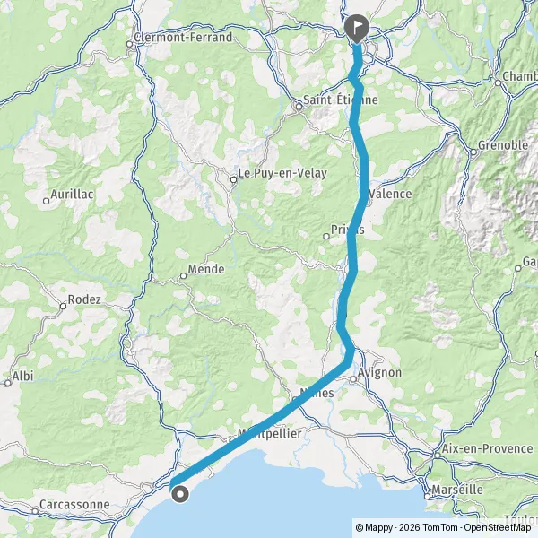 Itinéraire en voiture de Agde 34300 à Lyon 69001-69009