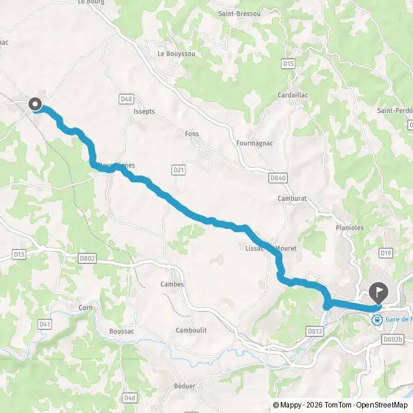 Itinéraire en voiture de Assier 46320 à Figeac 46100