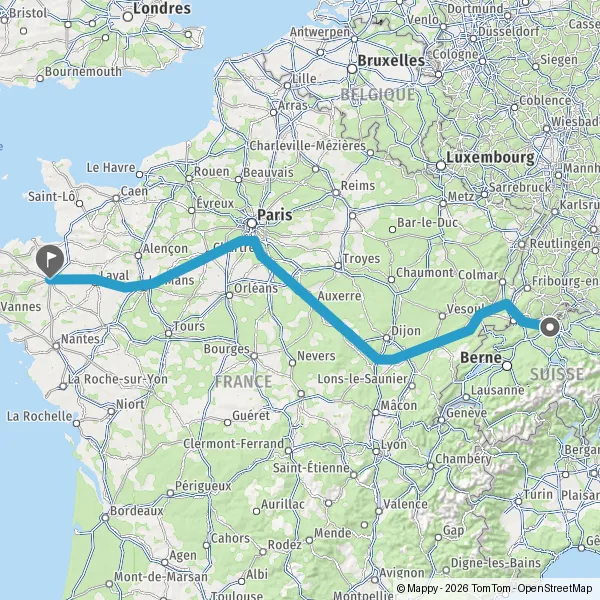 Itinéraire en voiture de Baden 5300-5442 Argovie (Suisse) à Rennes ...