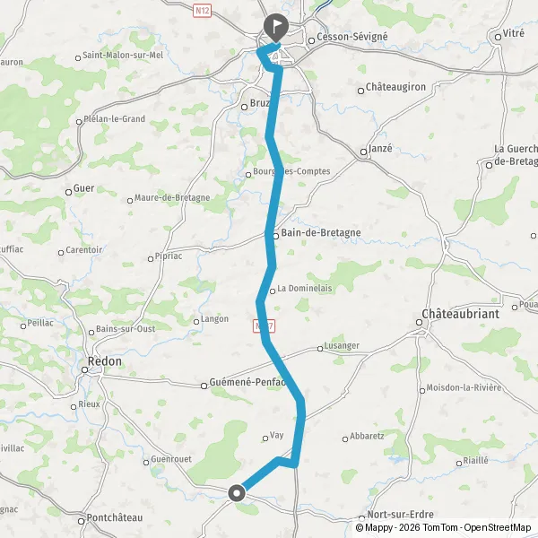 Itinéraire en voiture de Blain 44130 à Rennes 35000-35700