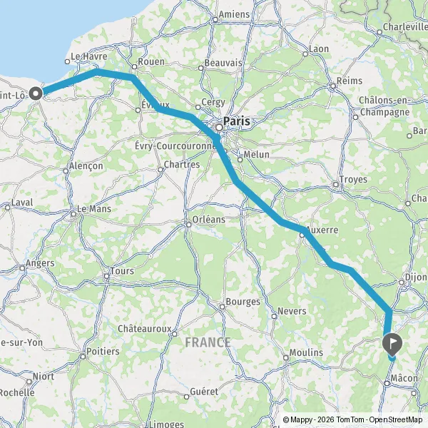 Itinéraire en voiture de Caen 14000 à Tournus 71700