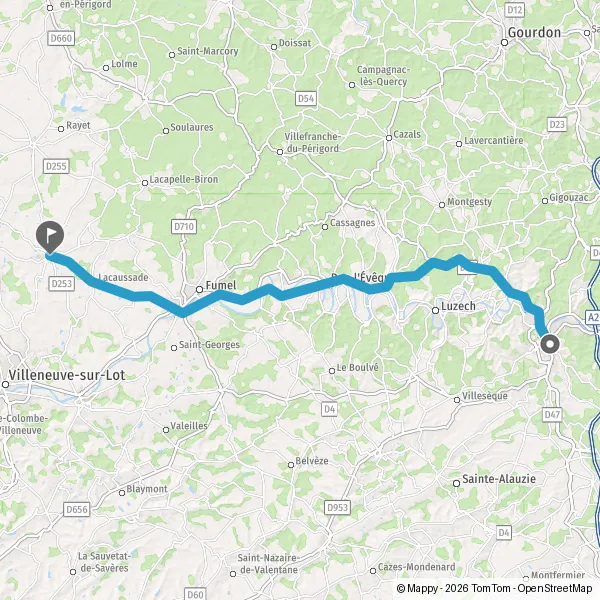 Itinéraire en voiture de Cahors 46000 à Monflanquin 47150