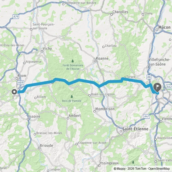 Itinéraire en voiture de Clermont-Ferrand 63000-63100 à Lyon 69001-69009