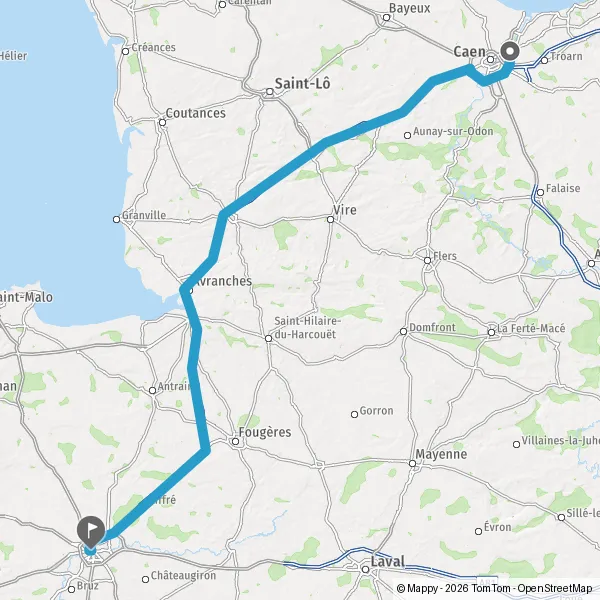 Itinéraire en voiture de Colombelles 14460 à Rennes 35000-35700
