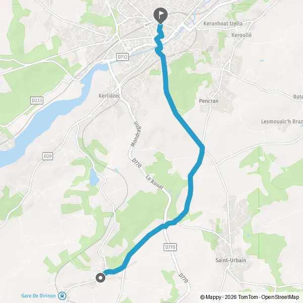 Itinéraire en voiture de Dirinon 29460 à Landerneau 29800