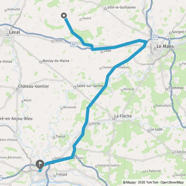 Itinéraire en voiture de Évron 53150-53600 à Angers 49000-49100