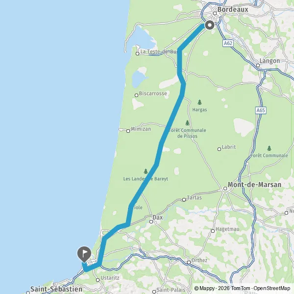 Itinéraire en voiture de Gradignan 33170 à Biarritz 64200