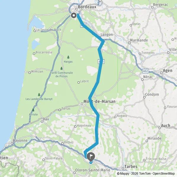 Itinéraire en voiture de Gradignan 33170 à Pau 64000