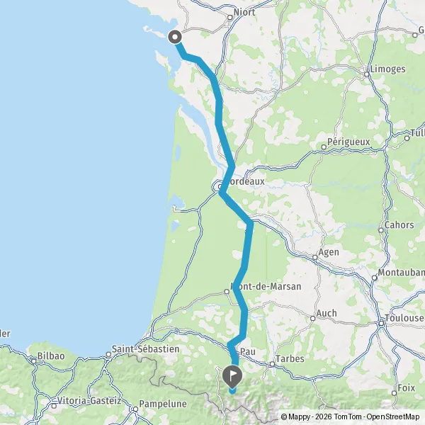 Itinéraire en voiture de La Rochelle 17000 à Laruns 64440