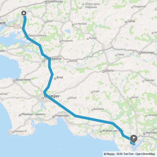 Itinéraire en voiture de Landerneau 29800 à Lorient 56100