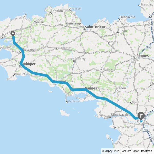 Itinéraire en voiture de Landerneau 29800 à Nantes 44000-44300