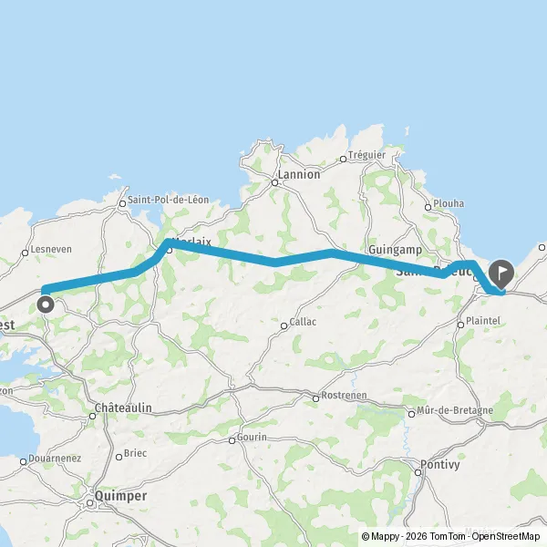 Itinéraire en voiture de Landerneau 29800 à Yffiniac 22120
