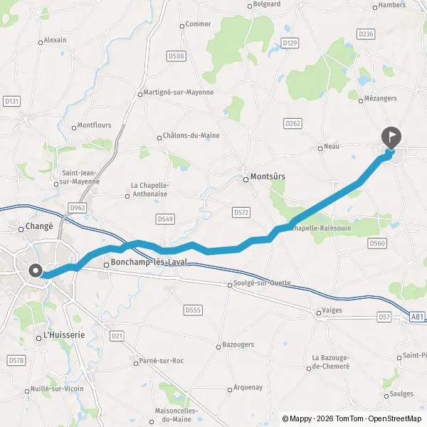 Itinéraire en voiture de Laval 53000 à Évron 53150-53600