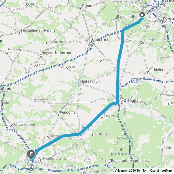 Itinéraire en voiture de Les Ulis 91940 à Tours 37000-37200