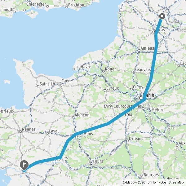 Itinéraire en voiture de Lille 59000-59800 à Nantes 44000-44300
