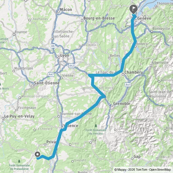 Itinéraire en voiture de Lussas 07170 à Ornex 01210
